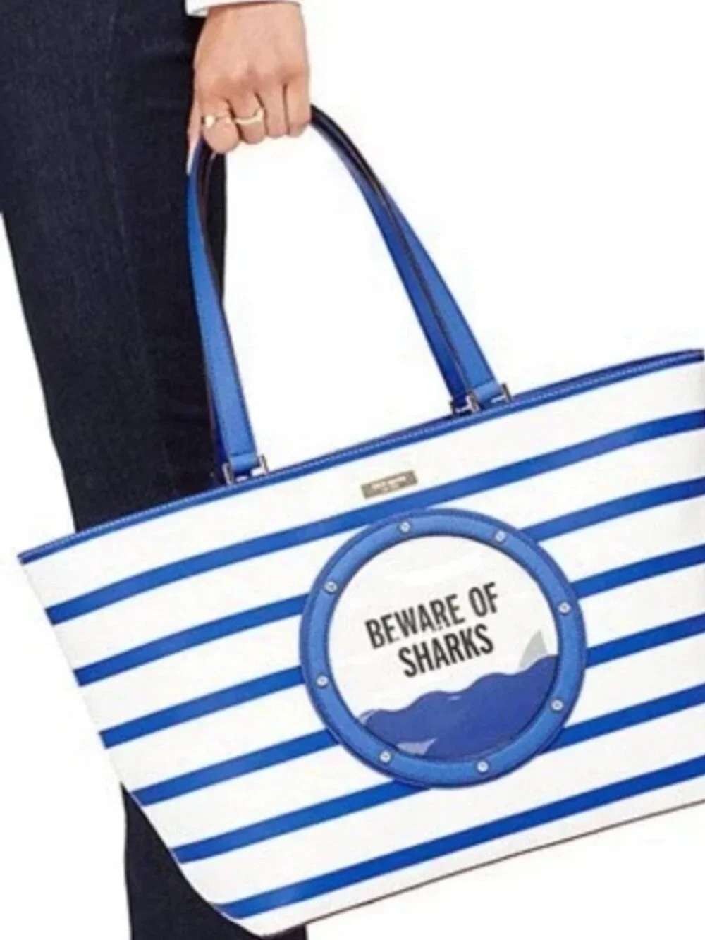 Kate Spade Beware of Sharks Jules Tote Bag Port Hole Nautical Blue Stripe BEACH